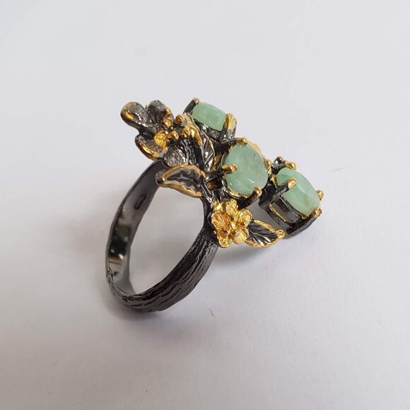 New EMERALD Sterling Silver Ring 925 Floral Artisan Gold Accents - Picture 5 of 15